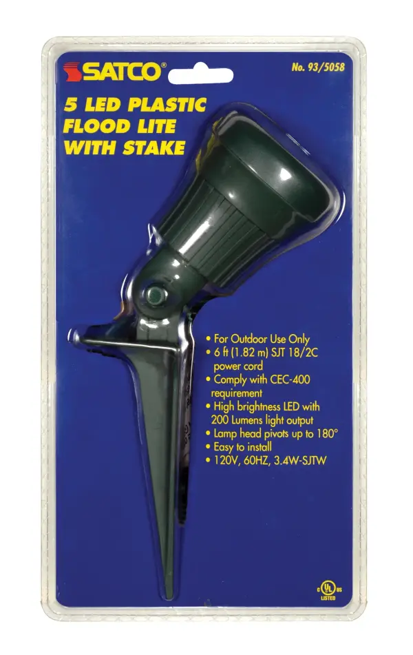 6 Foot 3.4watt 5 LED Plastic Flood Light With Ground Stake And Plug - Green Finish - For Outdoor Use - Head Pivots 180 Degrees - alternate view