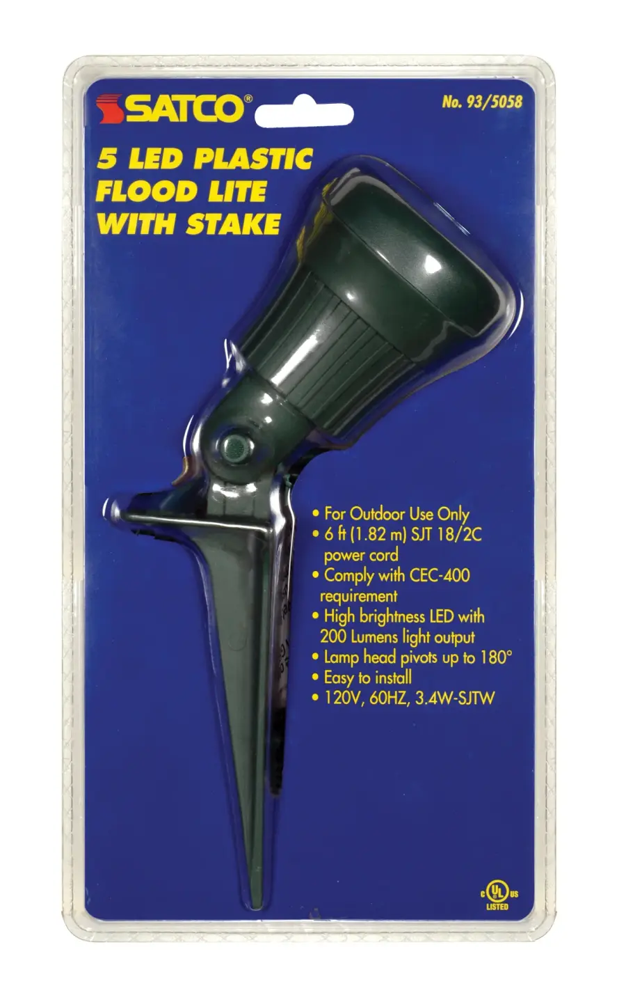 6 Foot 3.4watt 5 LED Plastic Flood Light With Ground Stake And Plug - Green Finish - For Outdoor Use - Head Pivots 180 Degrees - Image 2