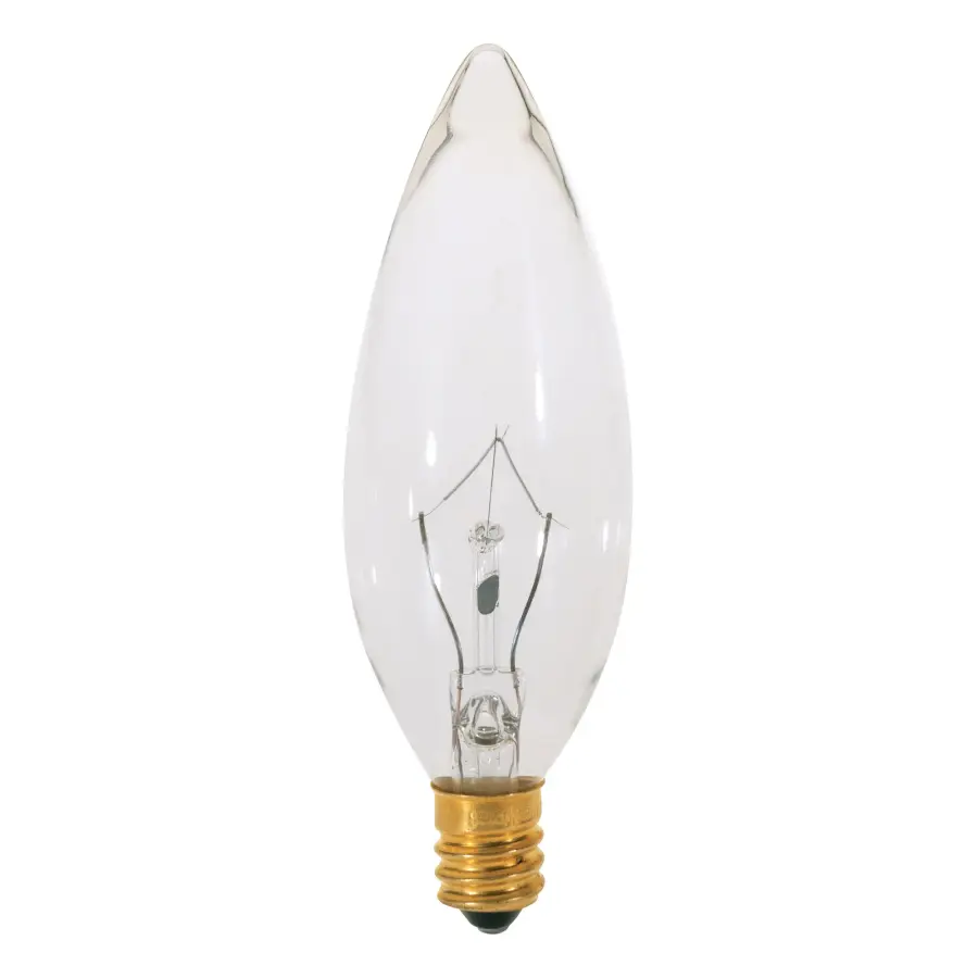 15 Watt BA9 1/2 Incandescent - Clear - 2500 Average rated hours - 114 Lumens - Candelabra base - 130 Volt