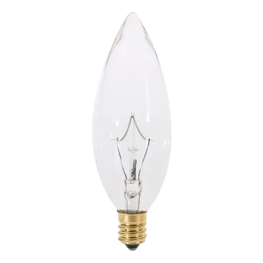 25 Watt BA9 1/2 Incandescent - Clear - 2500 Average rated hours - 193 Lumens - Candelabra base - 130 Volt