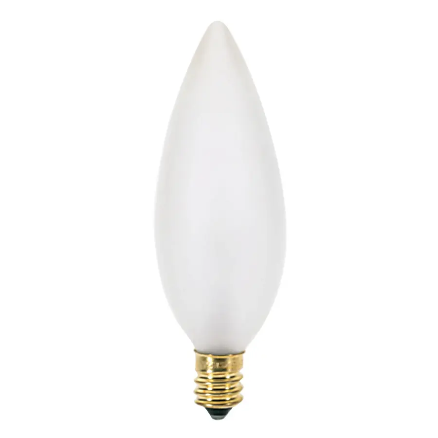 25 Watt BA9 1/2 Incandescent - Frost - 2500 Average rated hours - 193 Lumens - Candelabra base - 130 Volt