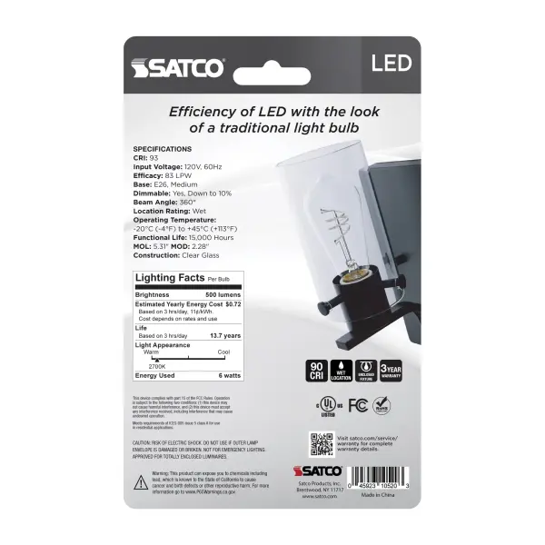 SATCO NUVO's Reminiscent lamps offer the traditional look of tungsten filament bulbs with the energy savings of LED technology. The gray filaments provide a clean aesthetic, blending in with many current fixture and decor trends. With brilliant, clear glass and a color rendering index over 90, these 2700K lamps ensure color accuracy while emitting a warm light to enhance the ambiance of living spaces, restaurants, hotels and more. - alternate view