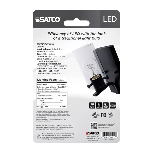 SATCO NUVO's Reminiscent lamps offer the traditional look of tungsten filament bulbs with the energy savings of LED technology. The gray filaments provide a clean aesthetic, blending in with many current fixture and decor trends. With brilliant, clear glass and a color rendering index over 90, these 2700K lamps ensure color accuracy while emitting a warm light to enhance the ambiance of living spaces, restaurants, hotels and more. - alternate view