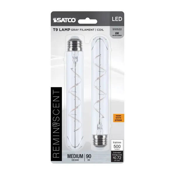SATCO NUVO's Reminiscent lamps offer the traditional look of tungsten filament bulbs with the energy savings of LED technology in a convenient 2-pack. The gray filaments provide a clean aesthetic, blending in with many current fixture and decor trends. With brilliant, clear glass and a color rendering index over 90, these 2700K lamps ensure color accuracy while emitting a warm light to enhance the ambiance of living spaces, restaurants, hotels and more.
