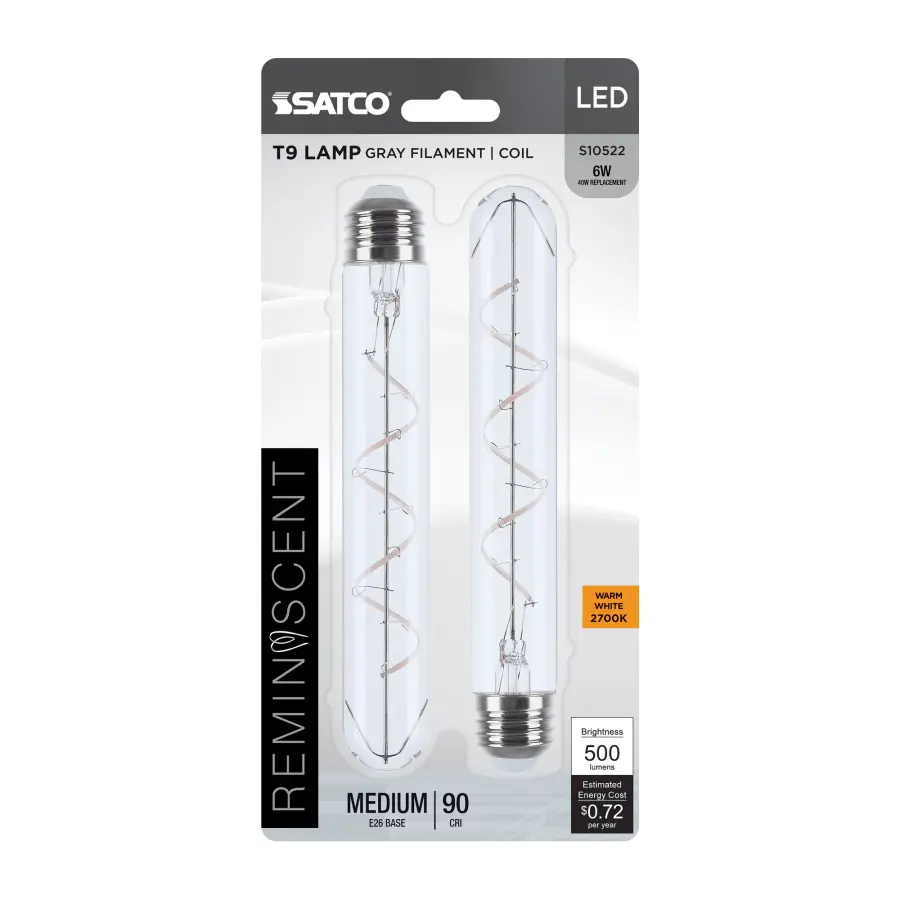 6 Watt LED - Reminiscent - Flex Gray Coil Filament - T9 - Medium Base - 2700K CCT - Clear - 120 Volt - 2-Pack - Image 1