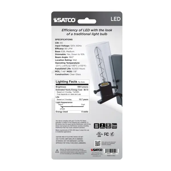 SATCO NUVO's Reminiscent lamps offer the traditional look of tungsten filament bulbs with the energy savings of LED technology in a convenient 2-pack. The gray filaments provide a clean aesthetic, blending in with many current fixture and decor trends. With brilliant, clear glass and a color rendering index over 90, these 2700K lamps ensure color accuracy while emitting a warm light to enhance the ambiance of living spaces, restaurants, hotels and more. - alternate view
