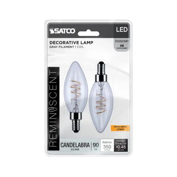 4 Watt B11 LED - Reminiscent - Flex Gray Coil Filament - E12 Base - 2700K - 120 Volt - 2 Pack - Image 4