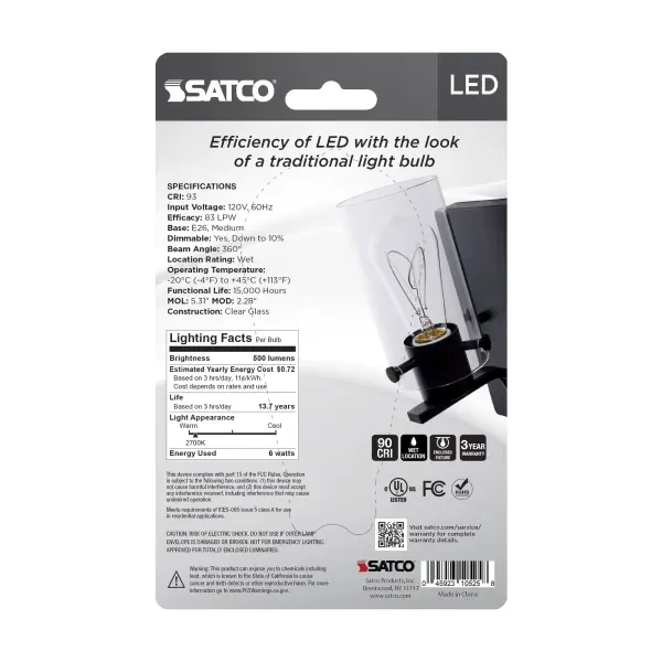 SATCO NUVO's Reminiscent lamps offer the traditional look of tungsten filament bulbs with the energy savings of LED technology. The gray filaments provide a clean aesthetic, blending in with many current fixture and decor trends. With brilliant, clear glass and a color rendering index over 90, these 2700K lamps ensure color accuracy while emitting a warm light to enhance the ambiance of living spaces, restaurants, hotels and more. - alternate view
