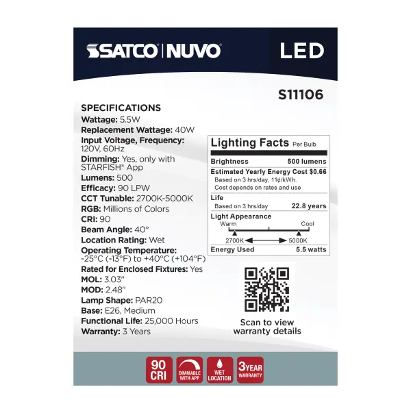 Starfish - 5.5 Watt LED PAR20 - 2700K-5000K RGBTW - Medium Base - 120 Volt - Image 11