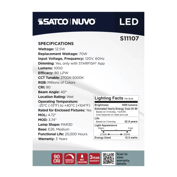 Starfish - 12.5 Watt LED PAR30 - 2700K-5000K RGBTW - Medium Base - 120 Volt - Image 11