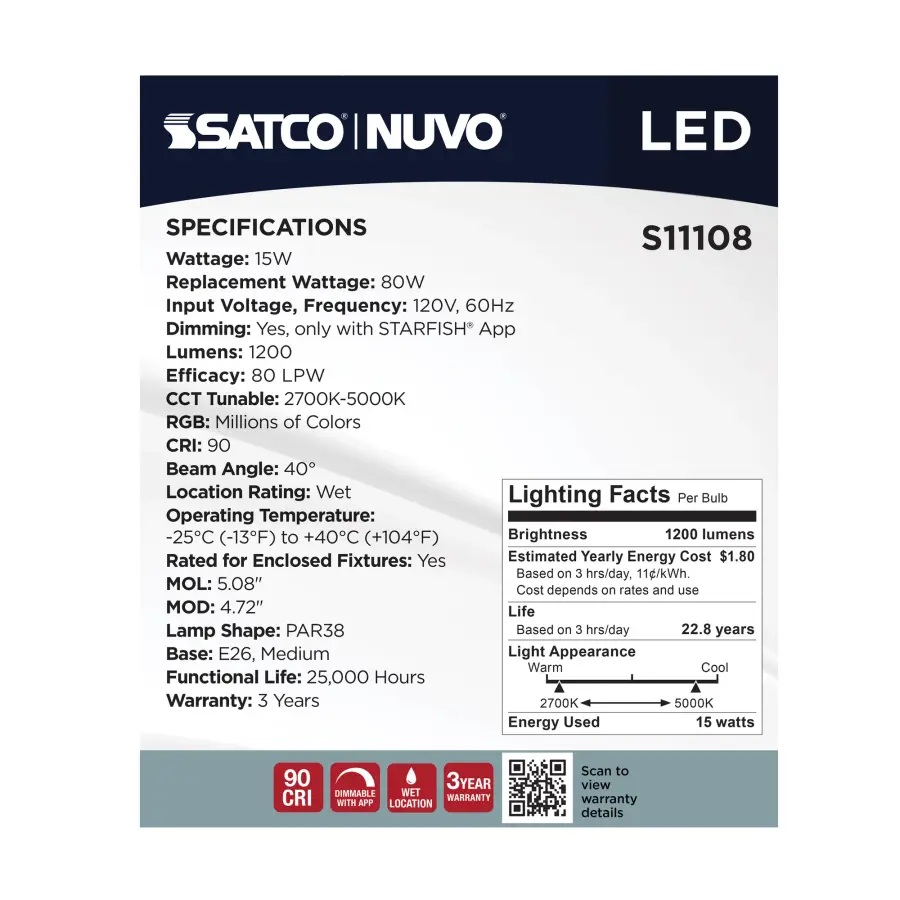 Starfish - 15 Watt LED PAR38 - 2700K-5000K RGBTW - Medium Base - 120 Volt - Image 11