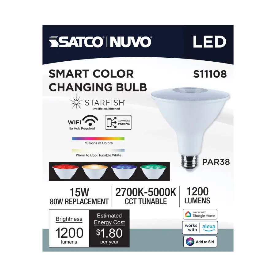 Starfish - 15 Watt LED PAR38 - 2700K-5000K RGBTW - Medium Base - 120 Volt - Image 9