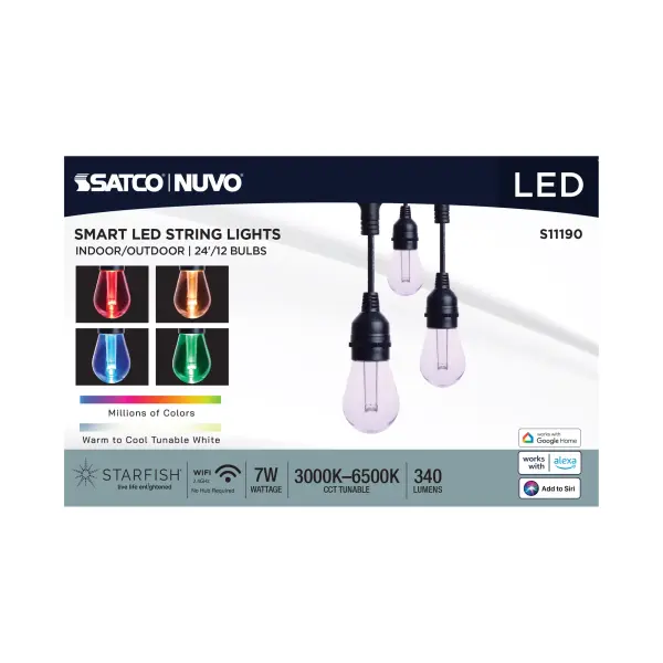 SATCO's STARFISH Smart LED String Lights deliver virtually unlimited color selections and control with the STARFISH app. Easily install with the integrated hanging hooks, connect to the app, and tailor the ambiance of your patio, dining area, or party space. Choose from millions of vibrant RGB colors, color combinations, or a wide range of warm to natural light white. Pre-set and custom color changing effects allow for another level of personalization to make your event extra special. Choose color bulb-by-bulb or all the same. Additional sets can be connected to make one continuous strand to illuminate larger spaces.