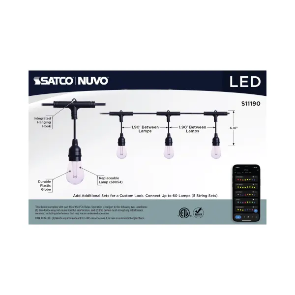 SATCO's STARFISH Smart LED String Lights deliver virtually unlimited color selections and control with the STARFISH app. Easily install with the integrated hanging hooks, connect to the app, and tailor the ambiance of your patio, dining area, or party space. Choose from millions of vibrant RGB colors, color combinations, or a wide range of warm to natural light white. Pre-set and custom color changing effects allow for another level of personalization to make your event extra special. Choose color bulb-by-bulb or all the same. Additional sets can be connected to make one continuous strand to illuminate larger spaces. - alternate view