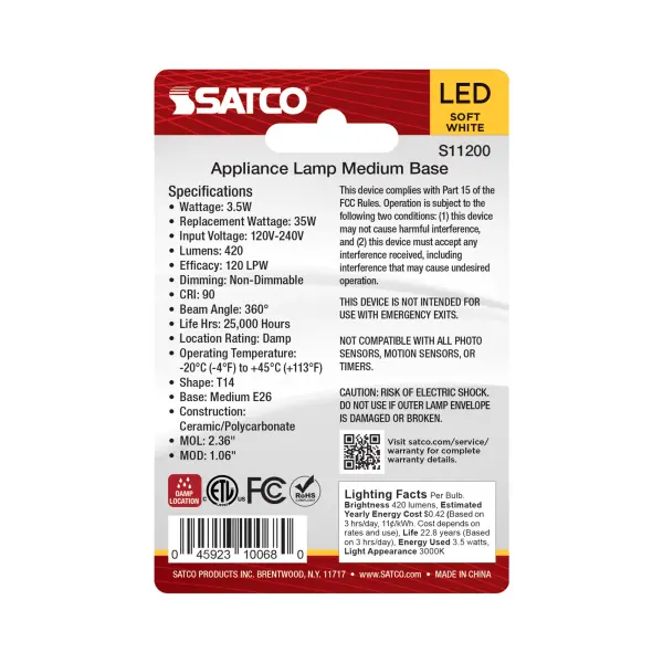 3.5 Watt T14 LED - 3000K CCT - Medium Base - Clear Finish - Appliance Lamp - 120-240 Volt - Image 4