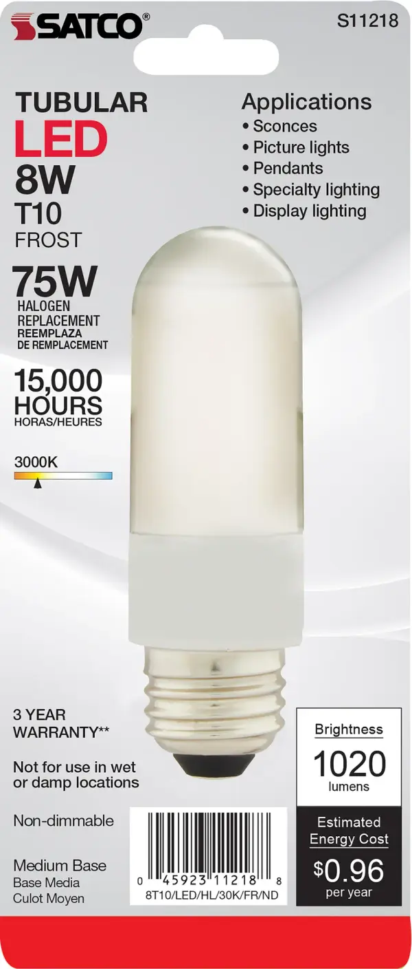 8 Watt T10 LED - Frosted - Medium base - 3000K - High Lumen - 120 Volt - Non-Dimmable - Carded - Image 5