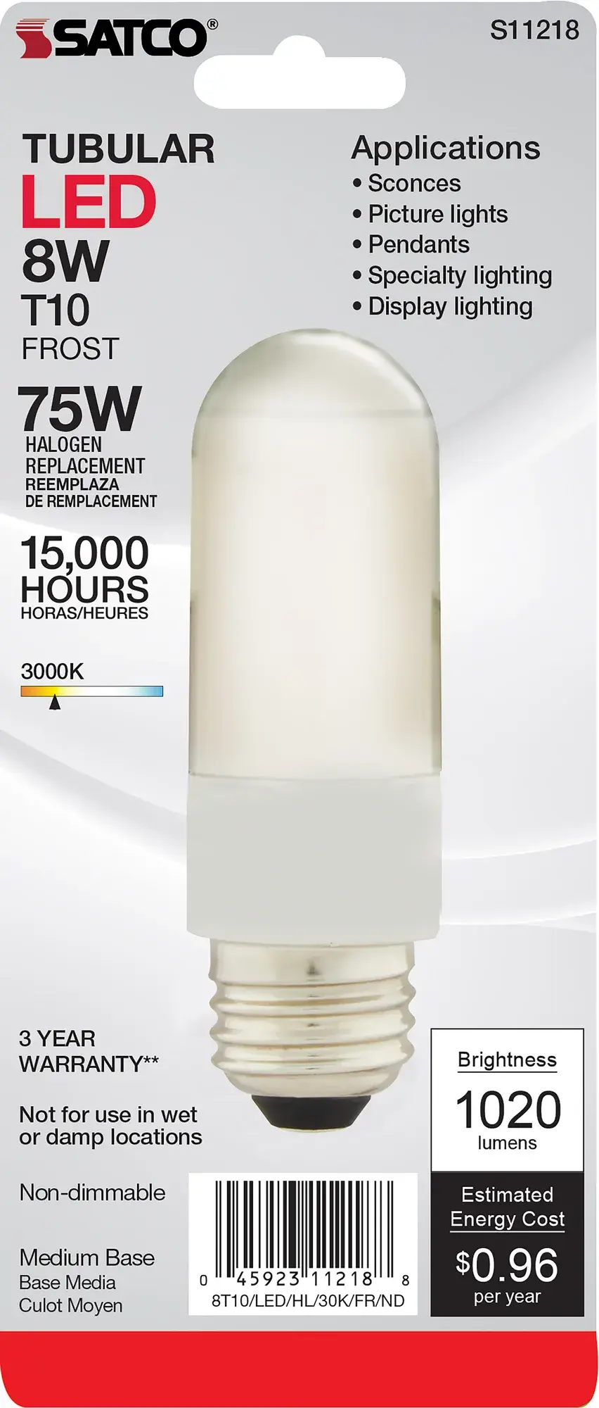 8 Watt T10 LED - Frosted - Medium base - 3000K - High Lumen - 120 Volt - Non-Dimmable - Carded - Image 5