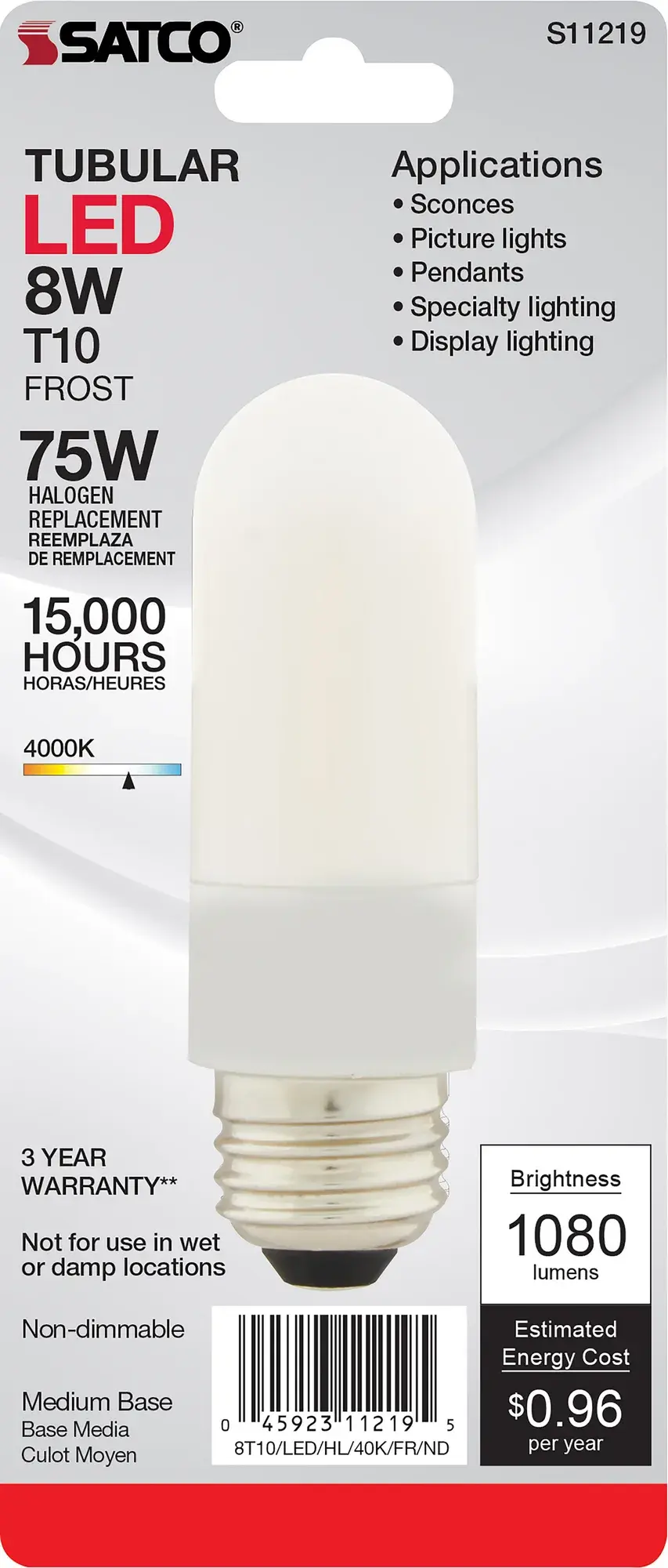 8 Watt T10 LED - Frosted - Medium base - 4000K - High Lumen - 120 Volt - Non-Dimmable - Carded - Image 4