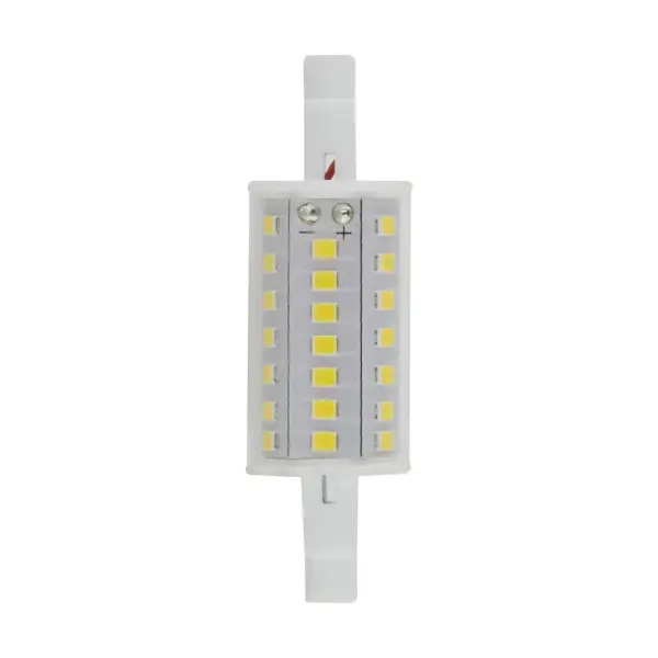 Satco's 6-watt LED J-type direct halogen replacements help to provide bright, efficient lighting indoors and outside. Illuminate homes, offices, walkways, and paths with this double ended bulb. This dimmable bulb has a 200 degree beam spread and is rated for 15,000 hours of warm white light. - alternate view