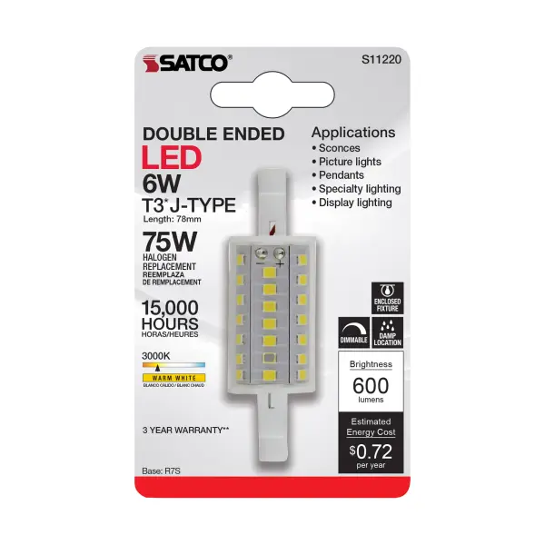 6 Watt LED Bulb - J-Type T3 78mm - 120 Volt - R7S Base - 3000K - Double Ended - 200 Degree Beam Angle - Image 5