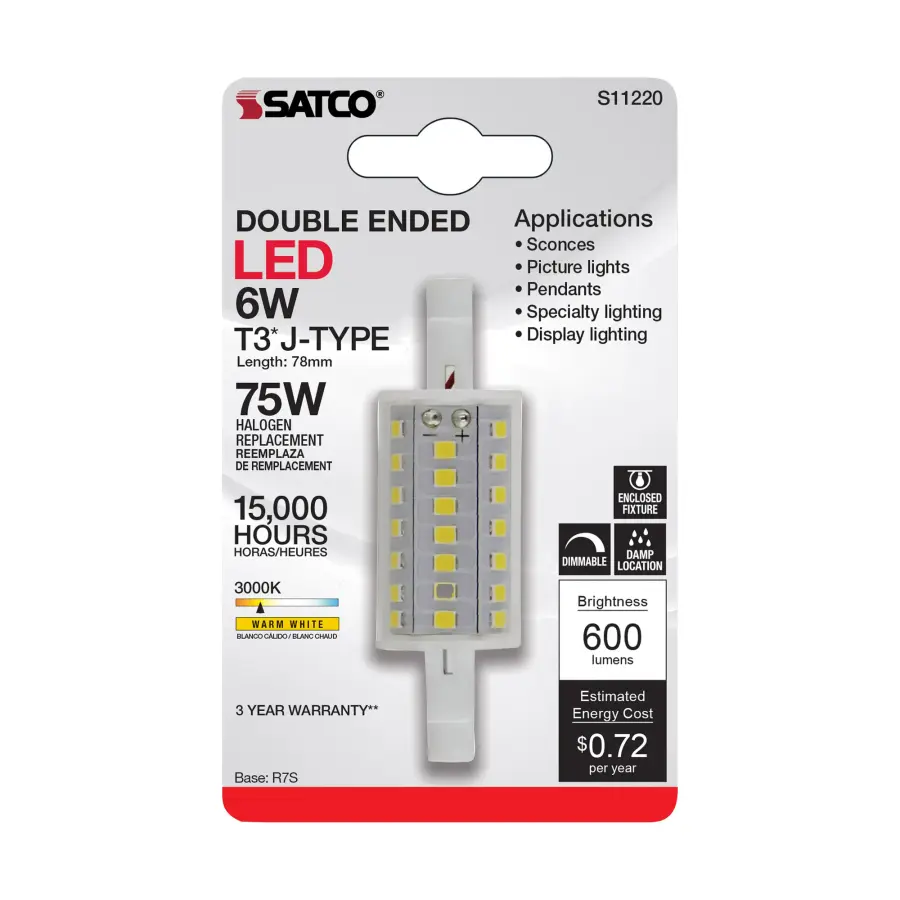 6 Watt LED Bulb - J-Type T3 78mm - 120 Volt - R7S Base - 3000K - Double Ended - 200 Degree Beam Angle - Image 5