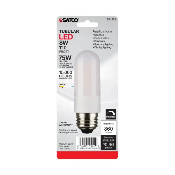 8 Watt T10 LED - Frosted - Medium base - 3000K - High Lumen - 120 Volt - 90 CRI - Dimmable - Carded - Image 3