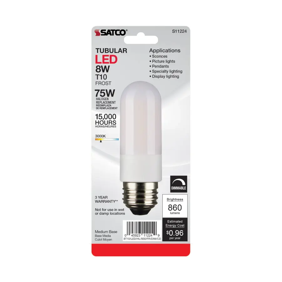 8 Watt T10 LED - Frosted - Medium base - 3000K - High Lumen - 120 Volt - 90 CRI - Dimmable - Carded - Image 3