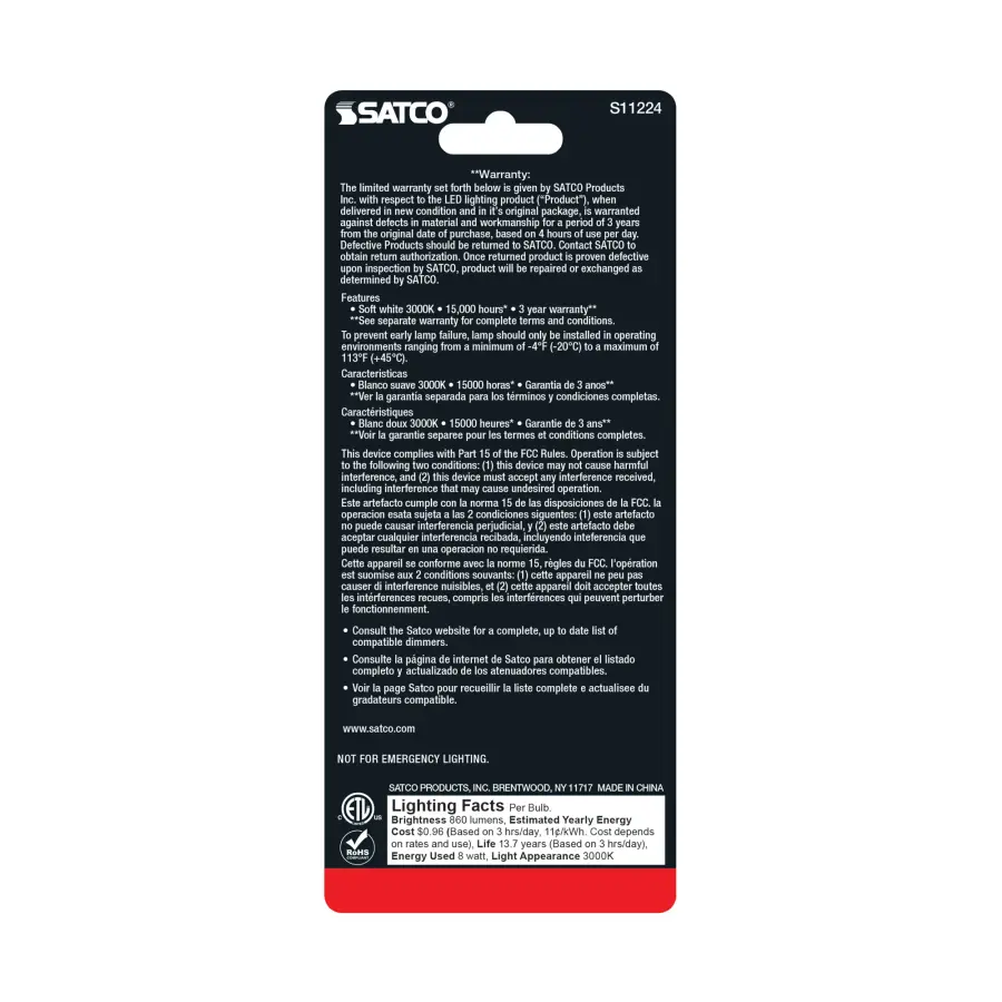 8 Watt T10 LED - Frosted - Medium base - 3000K - High Lumen - 120 Volt - 90 CRI - Dimmable - Carded - Image 4