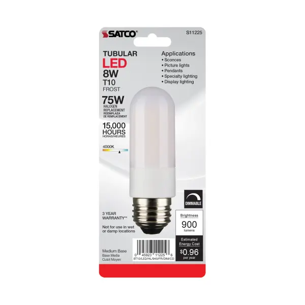 8 Watt T10 LED - Frosted - Medium base - 4000K - High Lumen - 120 Volt - 90 CRI - Dimmable - Carded - Image 3