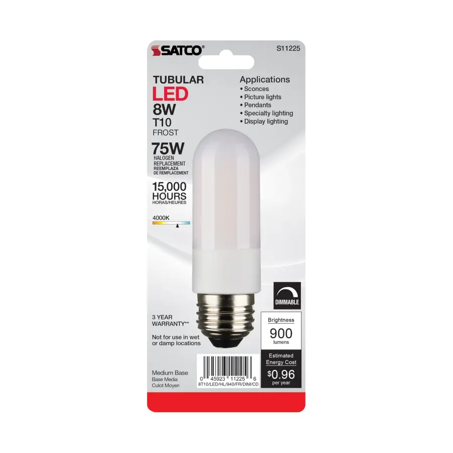 8 Watt T10 LED - Frosted - Medium base - 4000K - High Lumen - 120 Volt - 90 CRI - Dimmable - Carded - Image 3