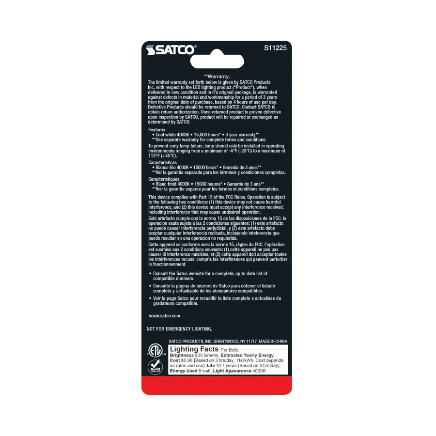 8 Watt T10 LED - Frosted - Medium base - 4000K - High Lumen - 120 Volt - 90 CRI - Dimmable - Carded - Image 4