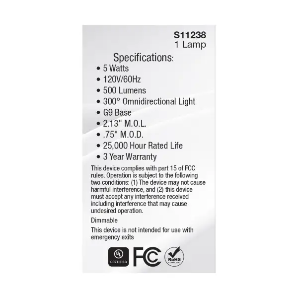 5 Watt G9 LED - Clear - 2700K - T4 Shape - 120 Volt - Image 6