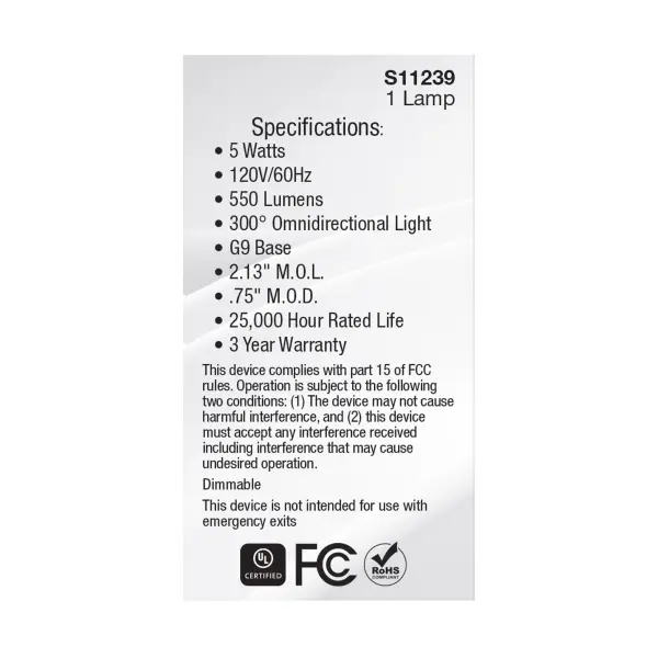 5 Watt G9 LED - Clear - 5000K - T4 Shape - 120 Volt - Image 6