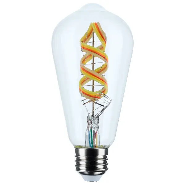 SATCO NUVO's STARFISH SMART technology color changing light bulbs feature an eye-catching RGBTW decorative ribbon filament that is beautifully showcased through the clear glass bulb. Available in A19, ST19, and B11 bulb types with both medium E26 and a candelabra E12 base, these bulbs offer flexibility for a range of fixtures. With tunable white options from a warm 2700K to a crisp 5000K and access to millions of vibrant RGB colors, they create the perfect ambiance for any space. Fully dimmable and controlled via the Starfish Smart app, users can easily customize lighting scenes and enjoy dynamic color effects. These bulbs seamlessly blend classic design with modern smart capabilities. Our elegant bulbs are also compatible with Siri, Alexa, Google Home, and SmartThings so they can be easily incorporated into your smart home.