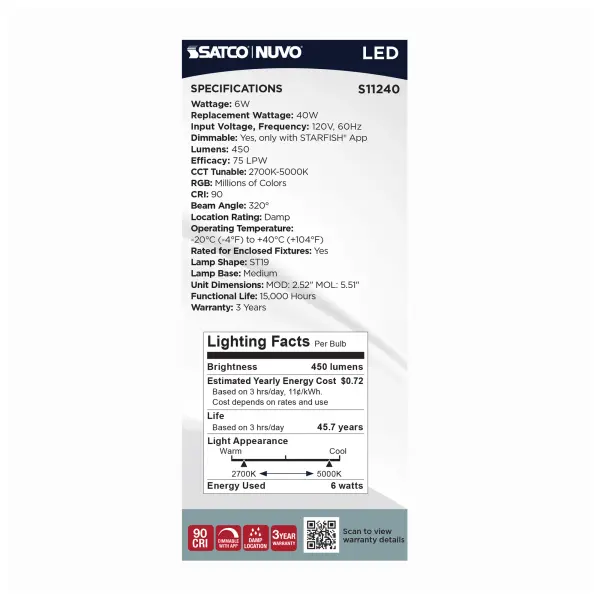 6 Watt - ST19 LED - 2700K-5000K RGB/Tunable White - Starfish IOT - Clear - Medium Base - 120 Volt - Image 7