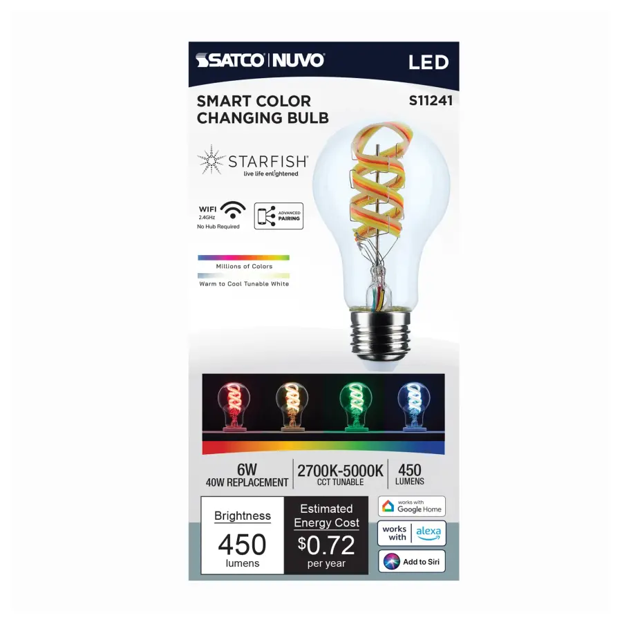 6 Watt - A19 LED - 2700K-5000K RGB/Tunable White - Starfish IOT - Clear - Medium Base - 120 Volt - Image 6