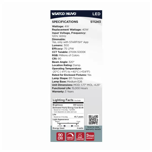 4 Watt - B11 LED - 2700K-5000K RGB/Tunable White - Starfish IOT - Clear - Medium Base - 120 Volt - Image 8
