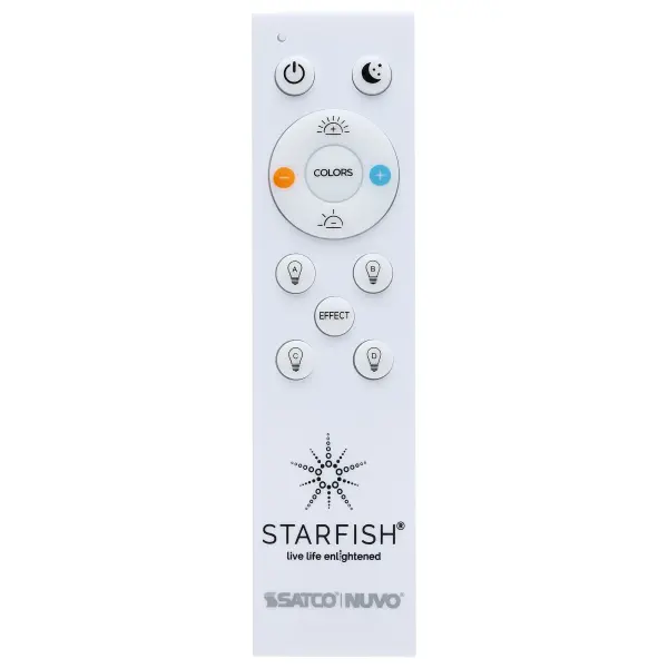 The STARFISH by SATCO Programmable Smart Remote offers alternative control over smart lighting, once the lighting devices are paired to the STARFISH App. Users can adjust the lighting within a 50-foot radius, allowing for convenient remote operation across multiple devices. The remote enables control over key lighting parameters, including brightness levels, color temperature adjustments, and the ability to cycle through a range of colors and dynamic effects. These features provide users with a customizable and versatile lighting experience, perfect for creating specific atmospheres or enhancing the functionality of any space. The integration of the programmable remote in conjunction with the Starfish App, ensures an intuitive and responsive interface for a wide range of lighting operations.