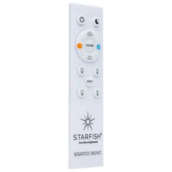 The STARFISH by SATCO Programmable Smart Remote offers alternative control over smart lighting, once the lighting devices are paired to the STARFISH App. Users can adjust the lighting within a 50-foot radius, allowing for convenient remote operation across multiple devices. The remote enables control over key lighting parameters, including brightness levels, color temperature adjustments, and the ability to cycle through a range of colors and dynamic effects. These features provide users with a customizable and versatile lighting experience, perfect for creating specific atmospheres or enhancing the functionality of any space. The integration of the programmable remote in conjunction with the Starfish App, ensures an intuitive and responsive interface for a wide range of lighting operations. - alternate view