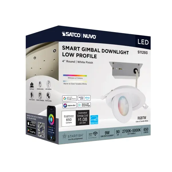 9 Watt - LED Gimbaled Downlight - 4 Inch - RGB & Tunable White - Round - Starfish IOT - White Finish - 650 Lumens - 120-277 Volt - Image 13
