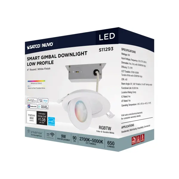 9 Watt - LED Gimbaled Downlight - 4 Inch - RGB & Tunable White - Round - Starfish IOT - White Finish - 650 Lumens - 120-277 Volt - Image 14