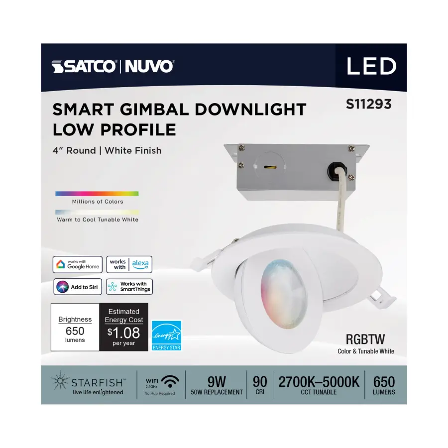 9 Watt - LED Gimbaled Downlight - 4 Inch - RGB & Tunable White - Round - Starfish IOT - White Finish - 650 Lumens - 120-277 Volt - Image 9