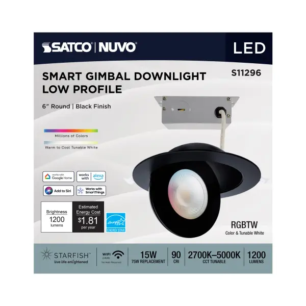 15 Watt - LED Gimbaled Downlight - 6 Inch - RGB & Tunable White - Round - Starfish IOT - Black Finish - 1200 Lumens - 120-277 Volt - Image 11
