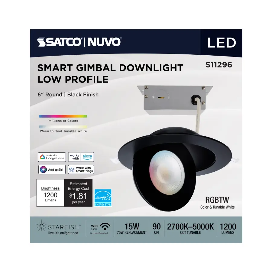 15 Watt - LED Gimbaled Downlight - 6 Inch - RGB & Tunable White - Round - Starfish IOT - Black Finish - 1200 Lumens - 120-277 Volt - Image 11
