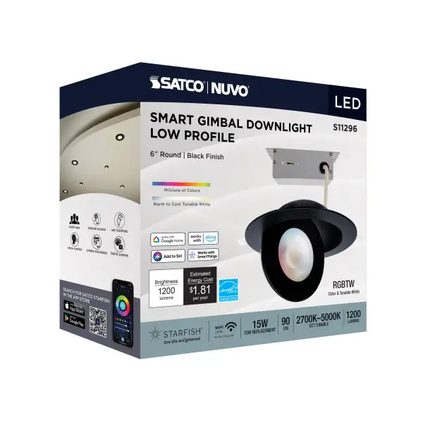15 Watt - LED Gimbaled Downlight - 6 Inch - RGB & Tunable White - Round - Starfish IOT - Black Finish - 1200 Lumens - 120-277 Volt - Image 15
