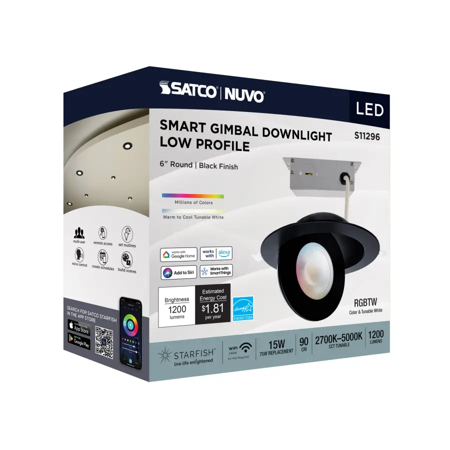 15 Watt - LED Gimbaled Downlight - 6 Inch - RGB & Tunable White - Round - Starfish IOT - Black Finish - 1200 Lumens - 120-277 Volt - Image 15