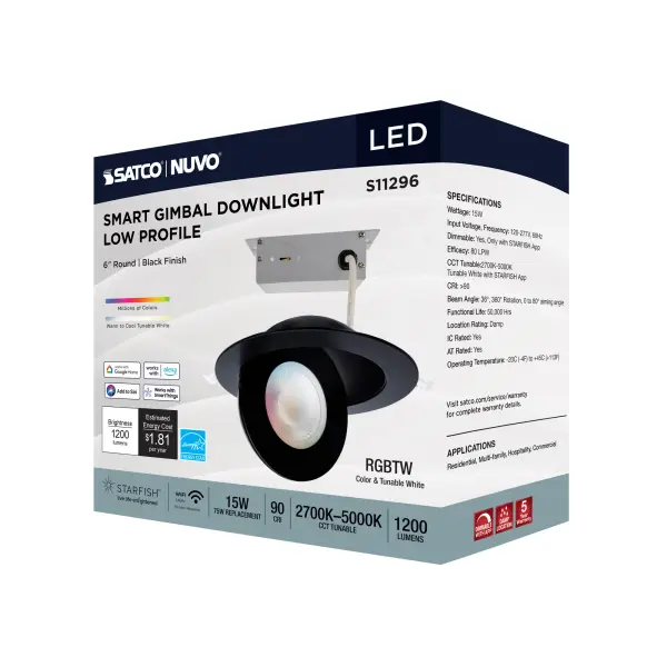 15 Watt - LED Gimbaled Downlight - 6 Inch - RGB & Tunable White - Round - Starfish IOT - Black Finish - 1200 Lumens - 120-277 Volt - Image 16