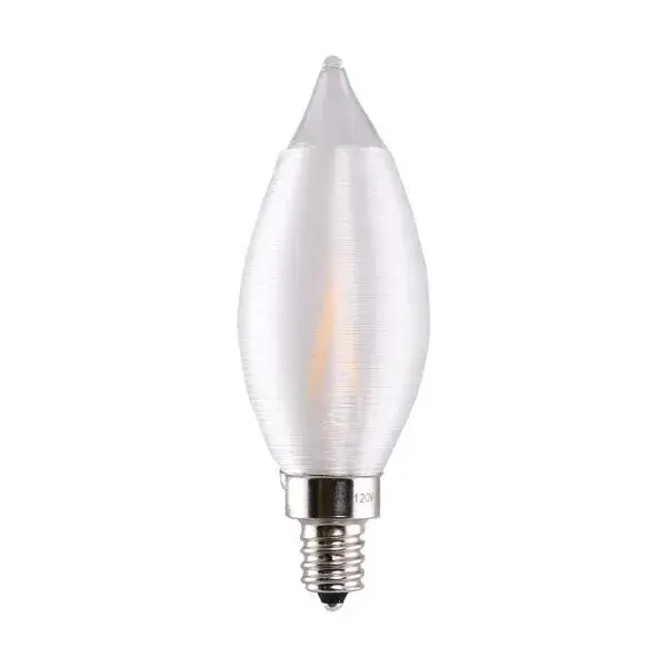 Satco's 2-watt LED bulb has a traditional look and feel. The Satin spun glass and candelabra base make for an elegant light source within the home. Dimmable, with a beam spread of 300 degrees, this lamp delivers 15,000 hours of warm white light.