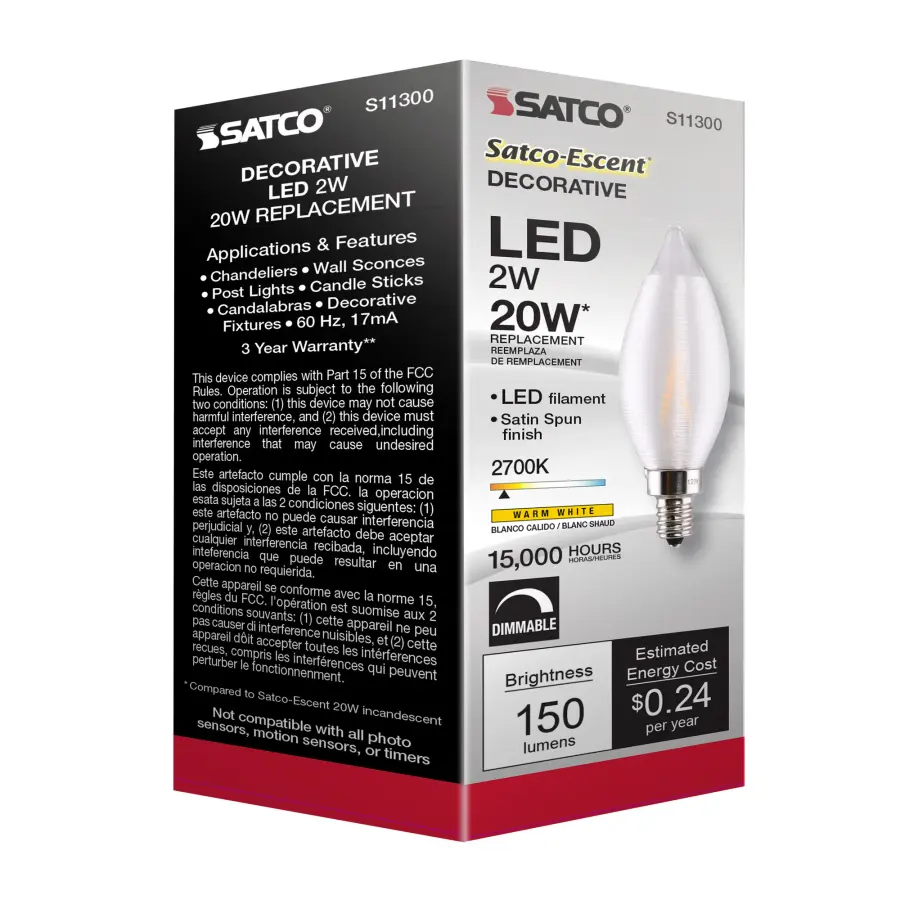 2 Watt CA11 LED Filament - Satin Spun Clear - Candelabra base - 2700K - 120 Volt - Image 11