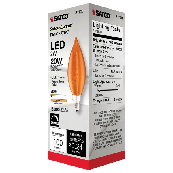 2 Watt CA11 LED Filament - Satin Spun Amber - Candelabra base - 2100K - 120 Volt - Image 7